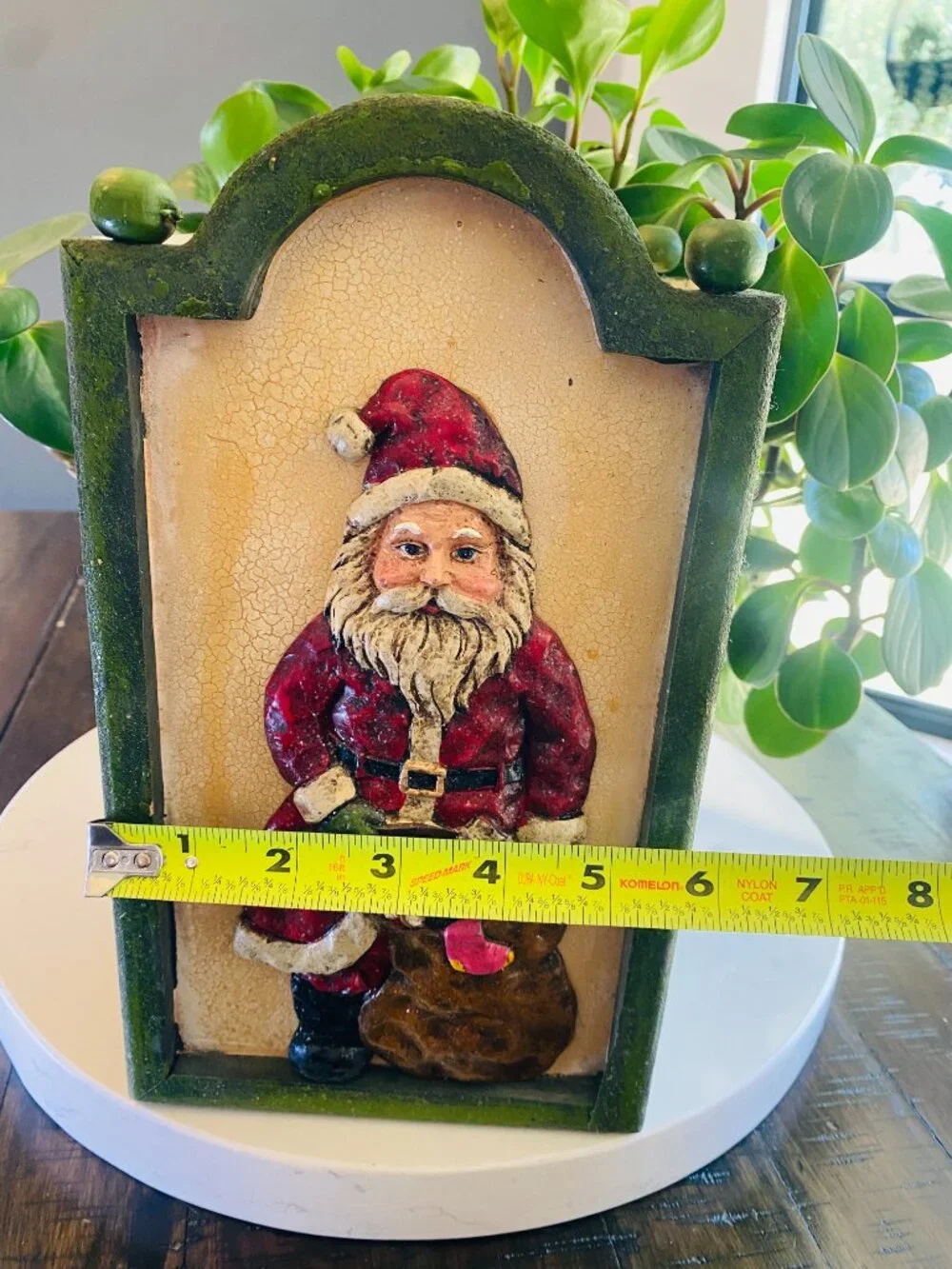 Vintage Crackle Green Wood Santa Carrier Box Wire Handle Farmhouse Christmas